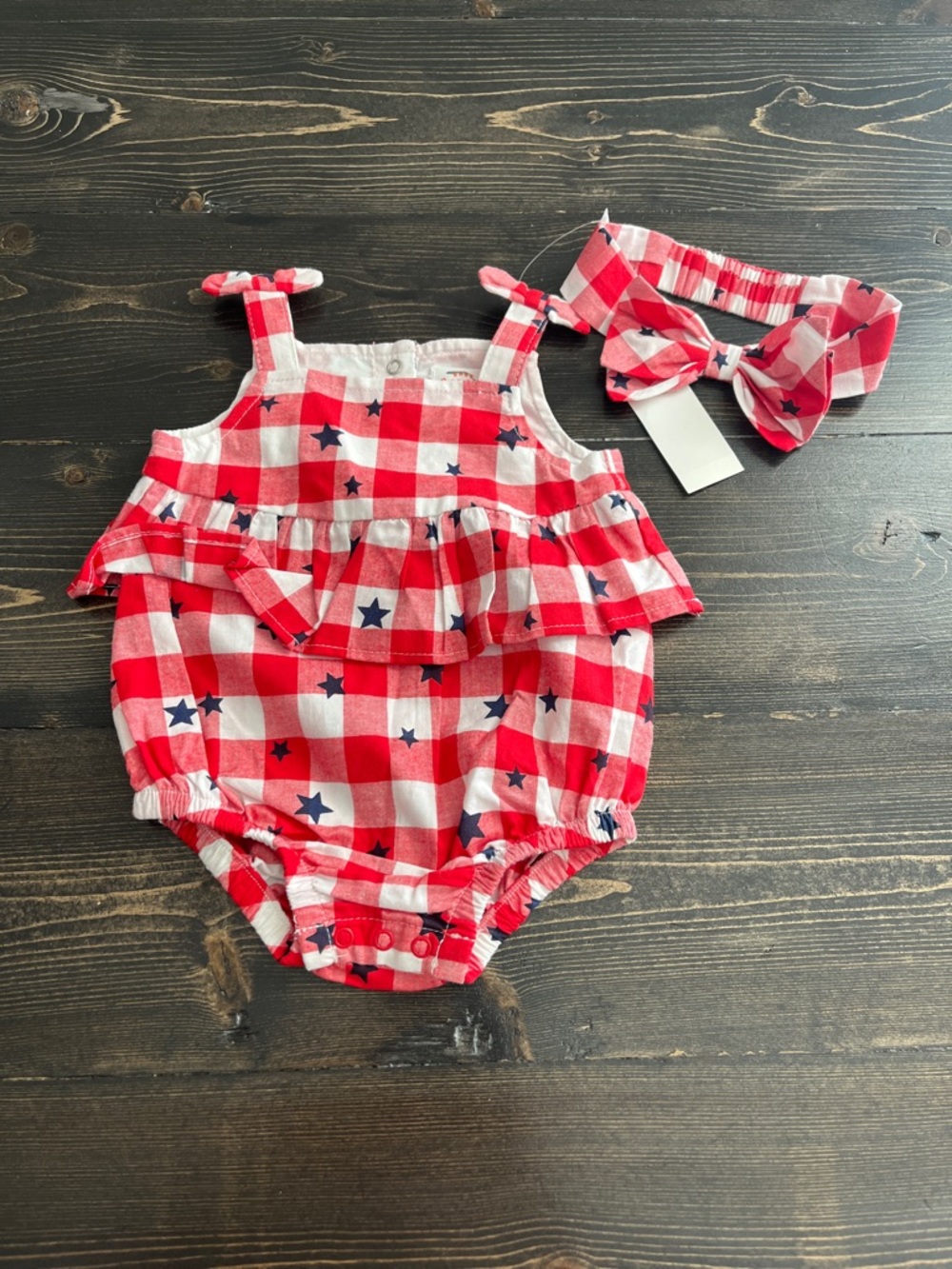 Cat & Jack Baby Red and White Gingham Romper & Star Print Headband 0-3 months